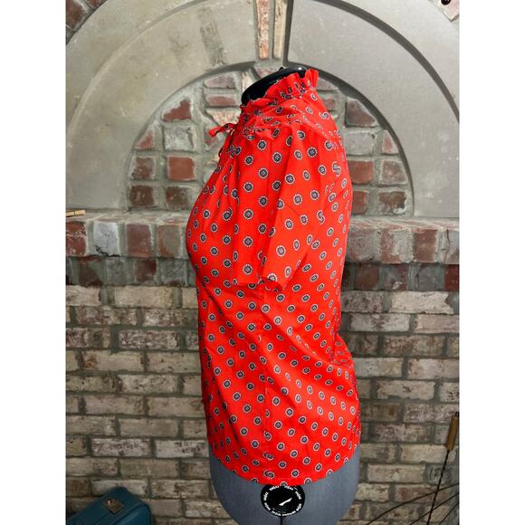 button up blouse ruffle collar tie neck red blue geometric - Picture 5 of 8